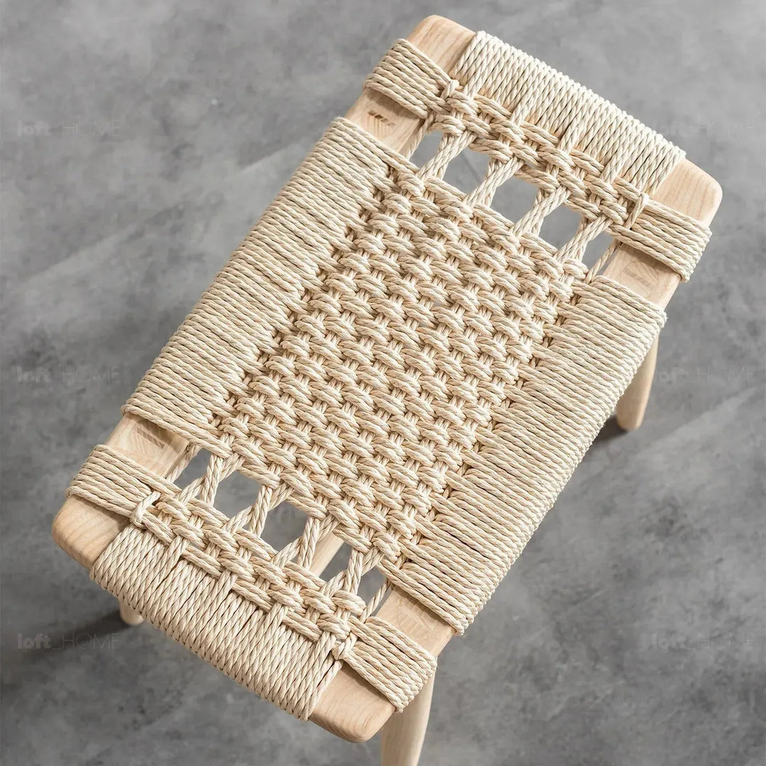 Japandi wood woven rope dining stool woven in still life.