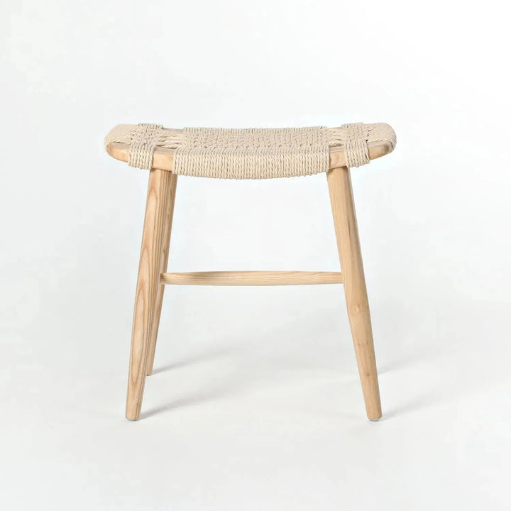 Japandi wood woven rope dining stool woven with context.