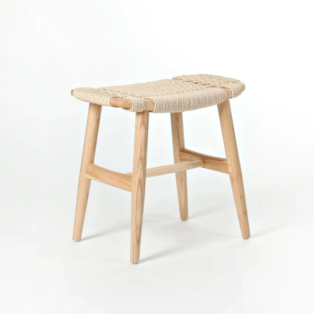 Japandi wood woven rope dining stool woven in real life style.