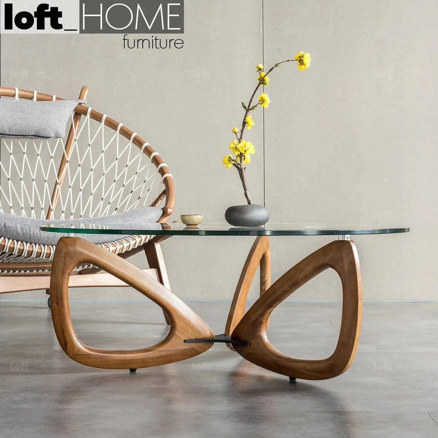 Japandi tempered glass coffee table petal primary product view.