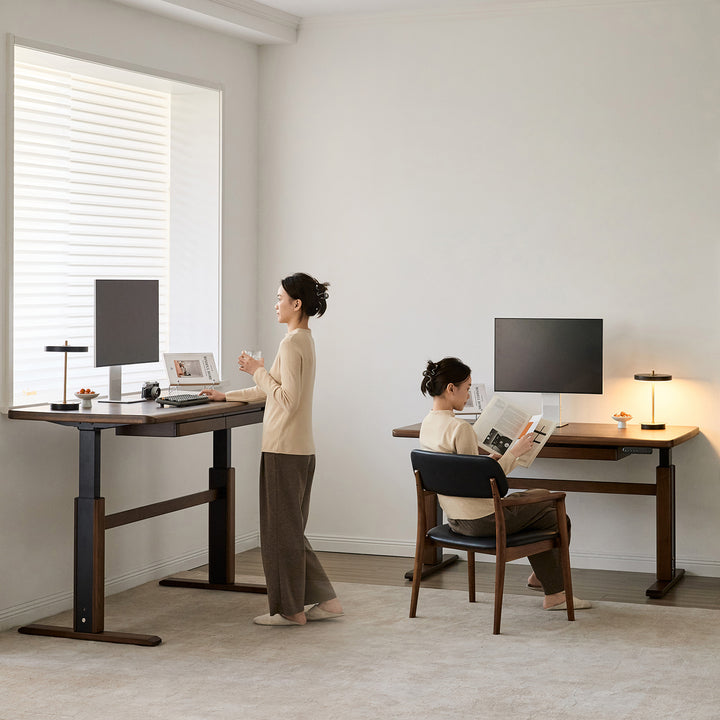Japandi walnut wood electric height adjustable study table cloud lifting primary product view.