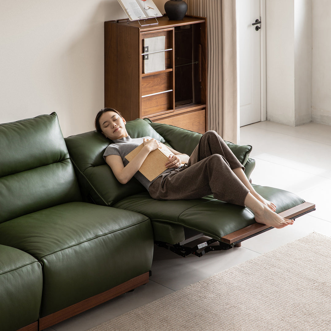 Japandi walnut wood genuine leather electric recliner 3 seater sofa edgeless size charts.