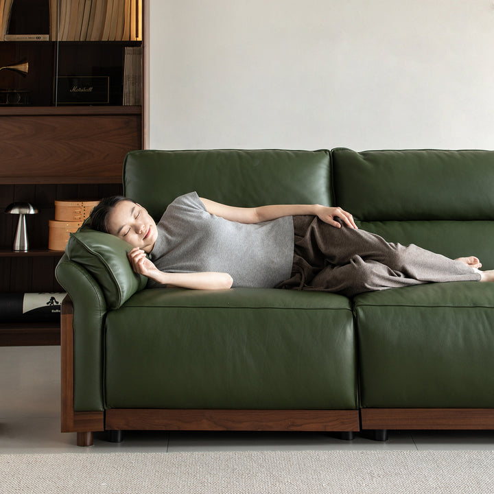 Japandi walnut wood genuine leather electric recliner 3 seater sofa edgeless with context.