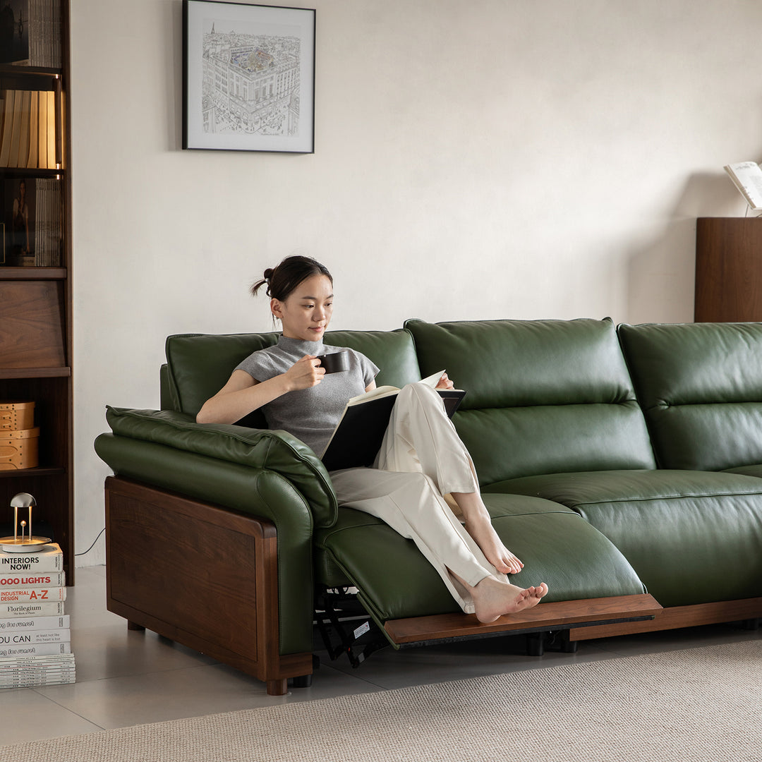 Japandi walnut wood genuine leather electric recliner 3 seater sofa edgeless in close up details.
