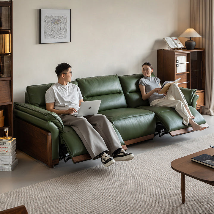 Japandi walnut wood genuine leather electric recliner 4 seater sofa edgeless primary product view.