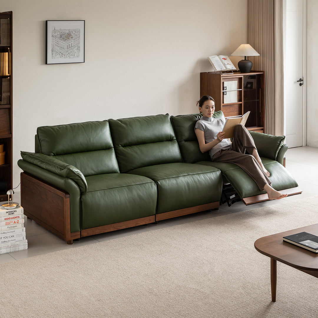 Japandi walnut wood genuine leather electric recliner 4 seater sofa edgeless in details.