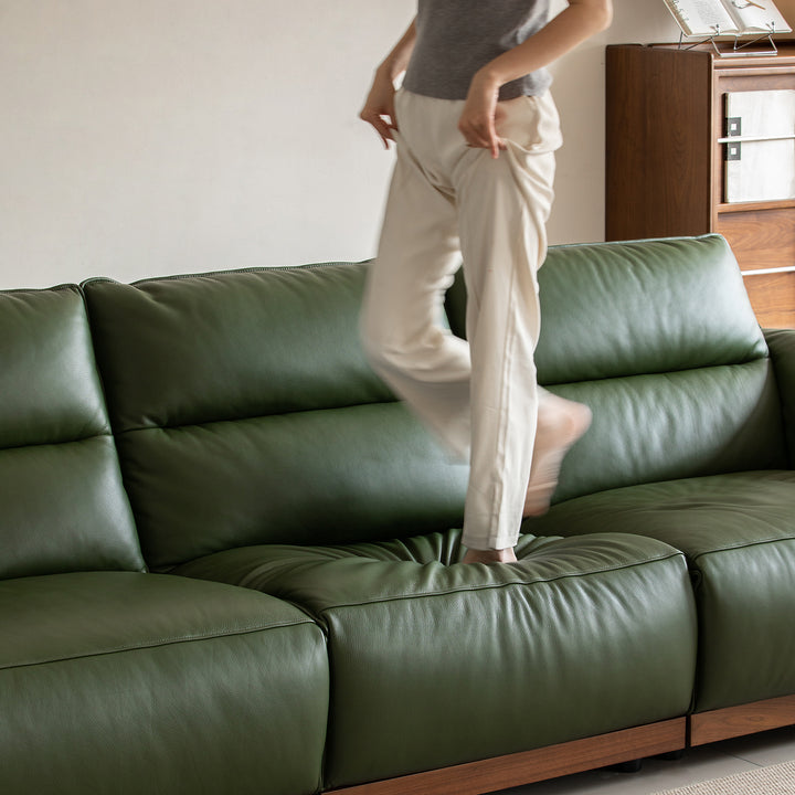 Japandi walnut wood genuine leather electric recliner 4 seater sofa edgeless in panoramic view.