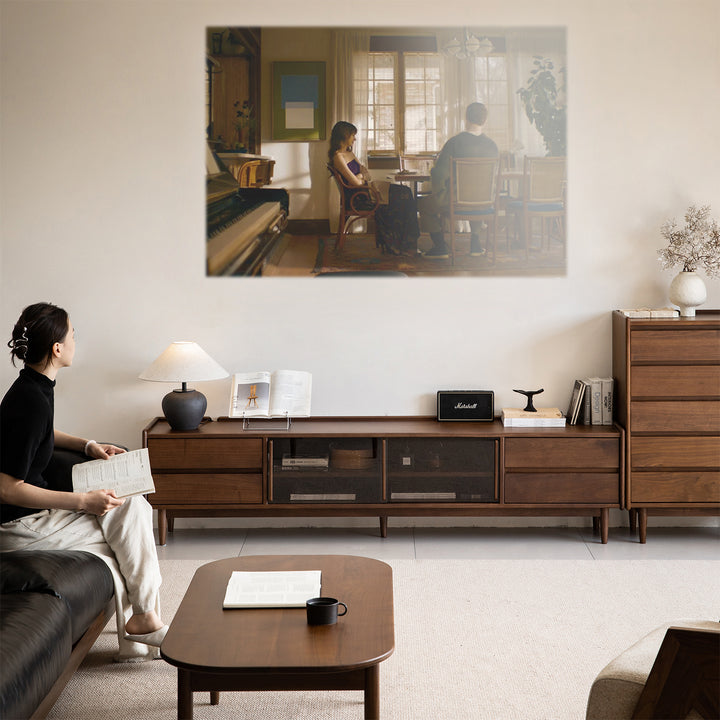 Japandi walnut wood tv console vista primary product view.