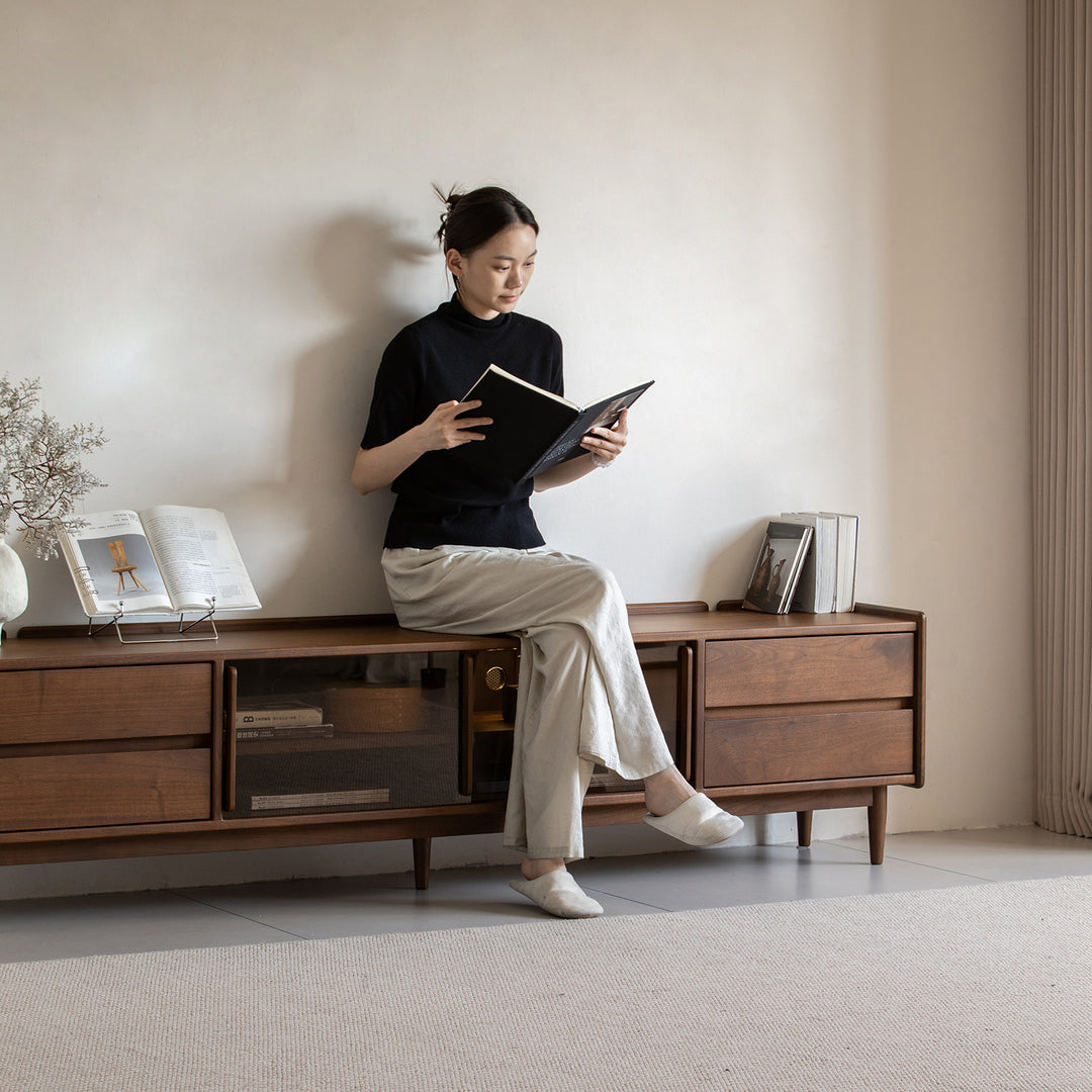 Japandi walnut wood tv console vista environmental situation.