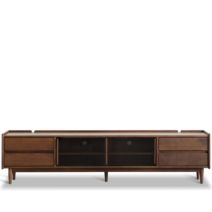 Japandi walnut wood tv console vista in white background.