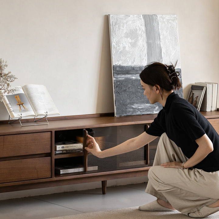 Japandi walnut wood tv console vista in close up details.