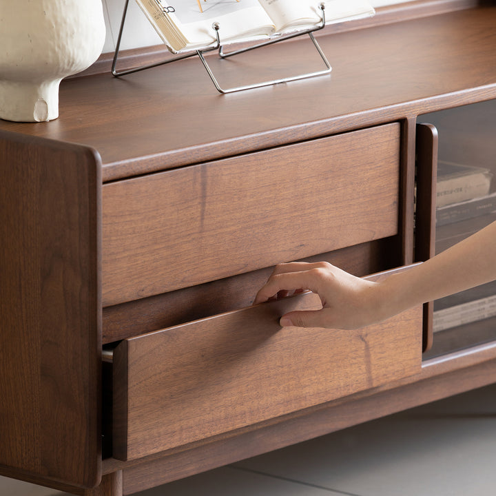 Japandi walnut wood tv console vista in panoramic view.