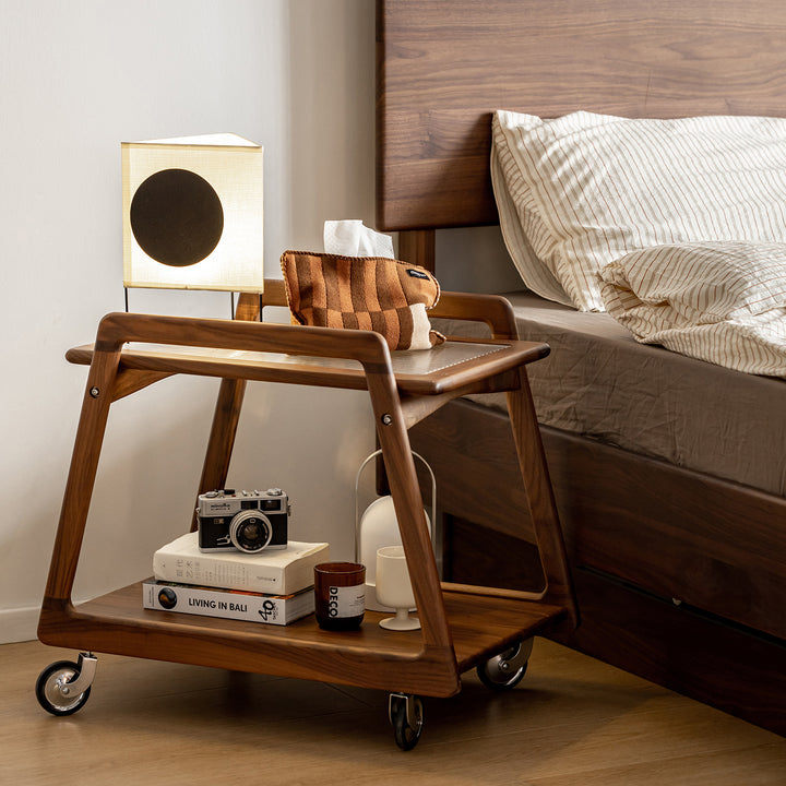 Japandi Walnut Wood Wheeled Trolley Side Table YOYO