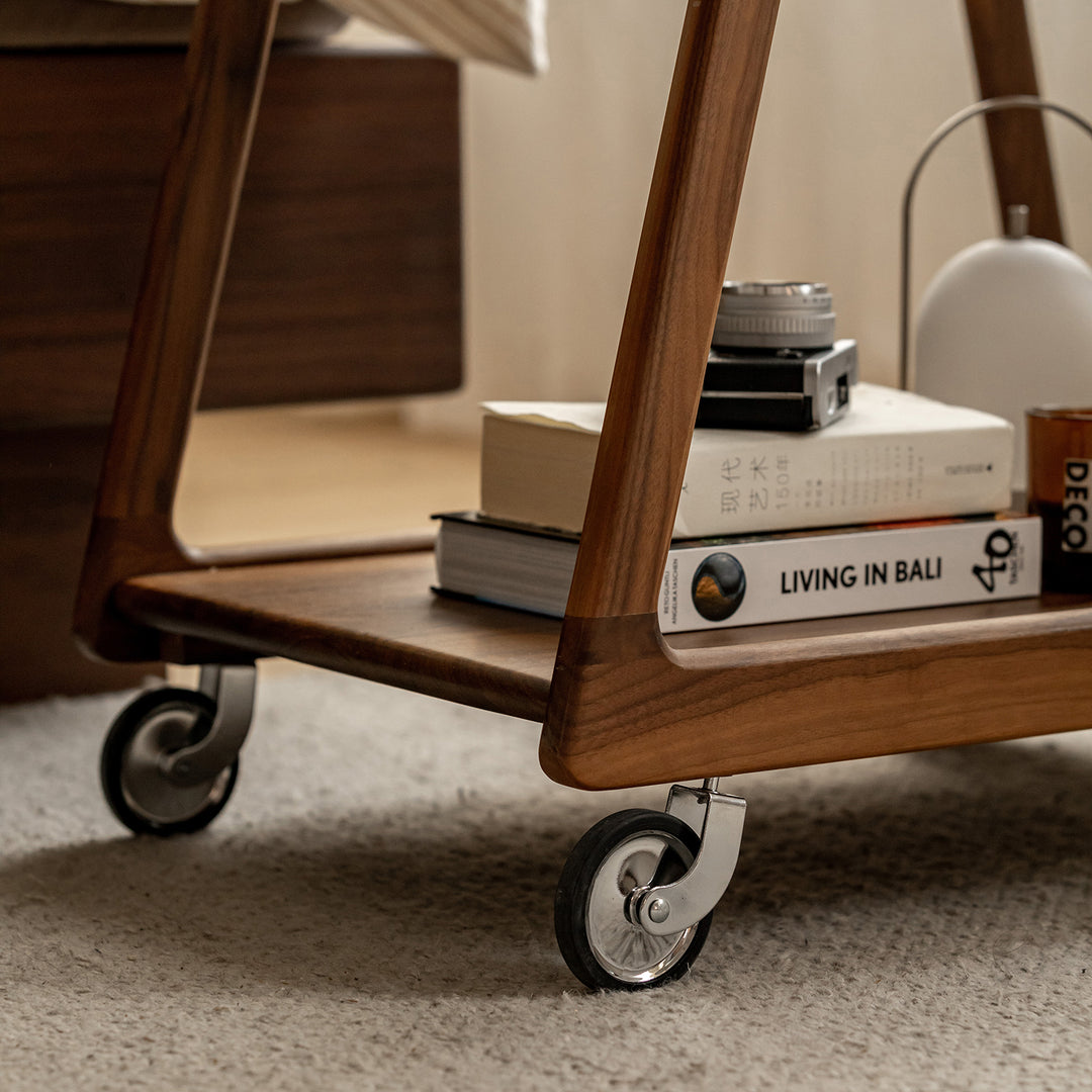 Japandi Walnut Wood Wheeled Trolley Side Table YOYO