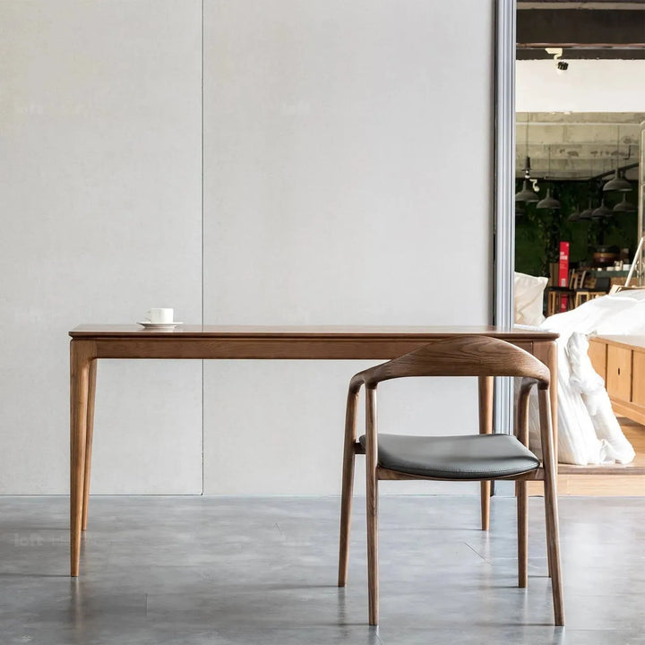 Japandi wood dining chair neum in close up details.