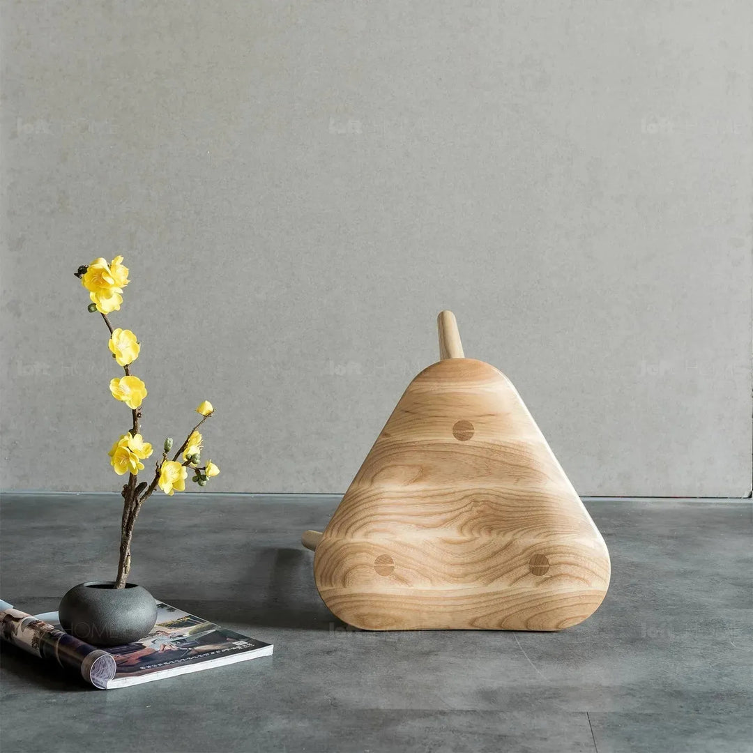 Japandi wood dining stool ride in close up details.