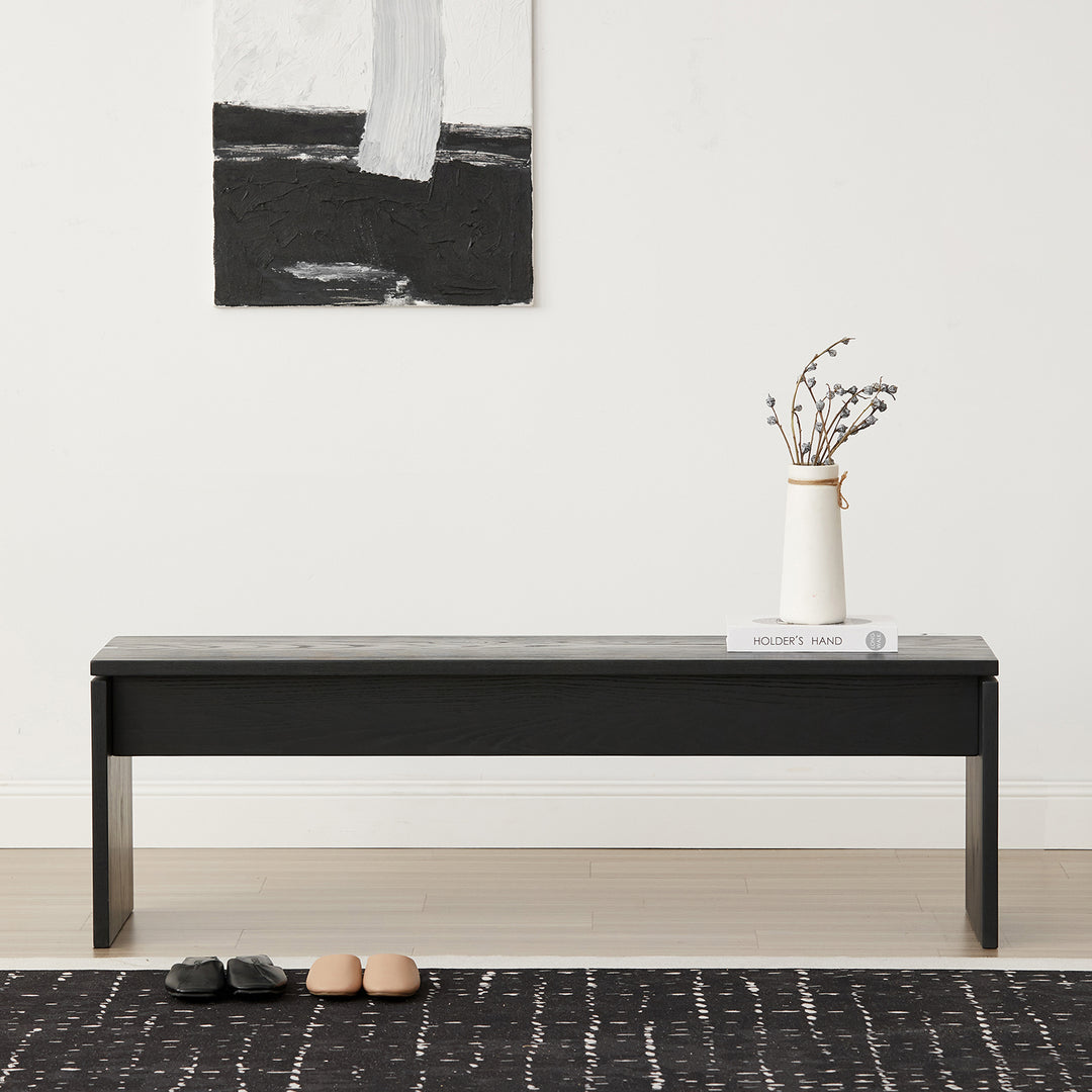 Minimalist ash wood dining bench black oslo in still life.