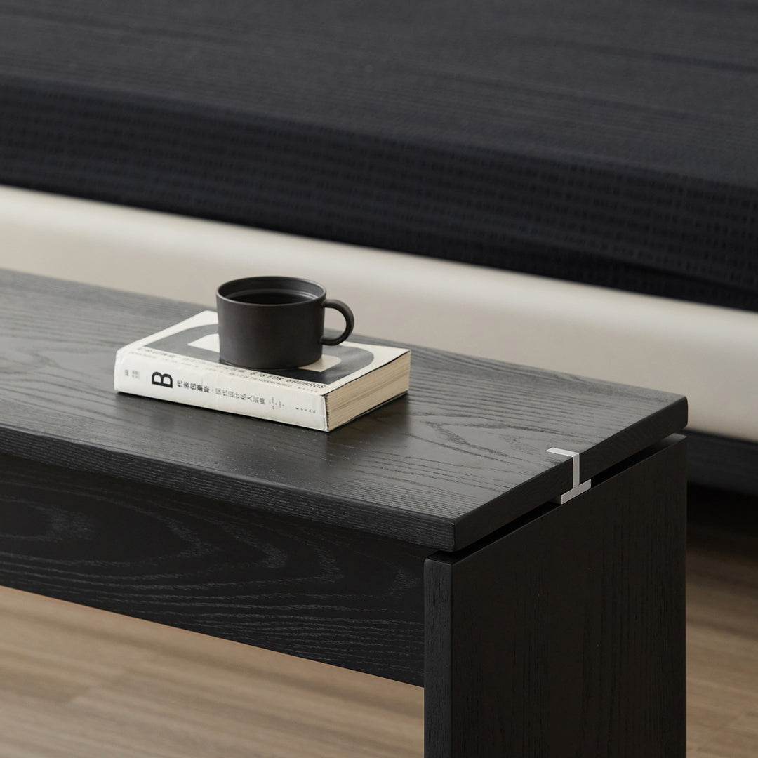 Minimalist ash wood dining bench black oslo in details.