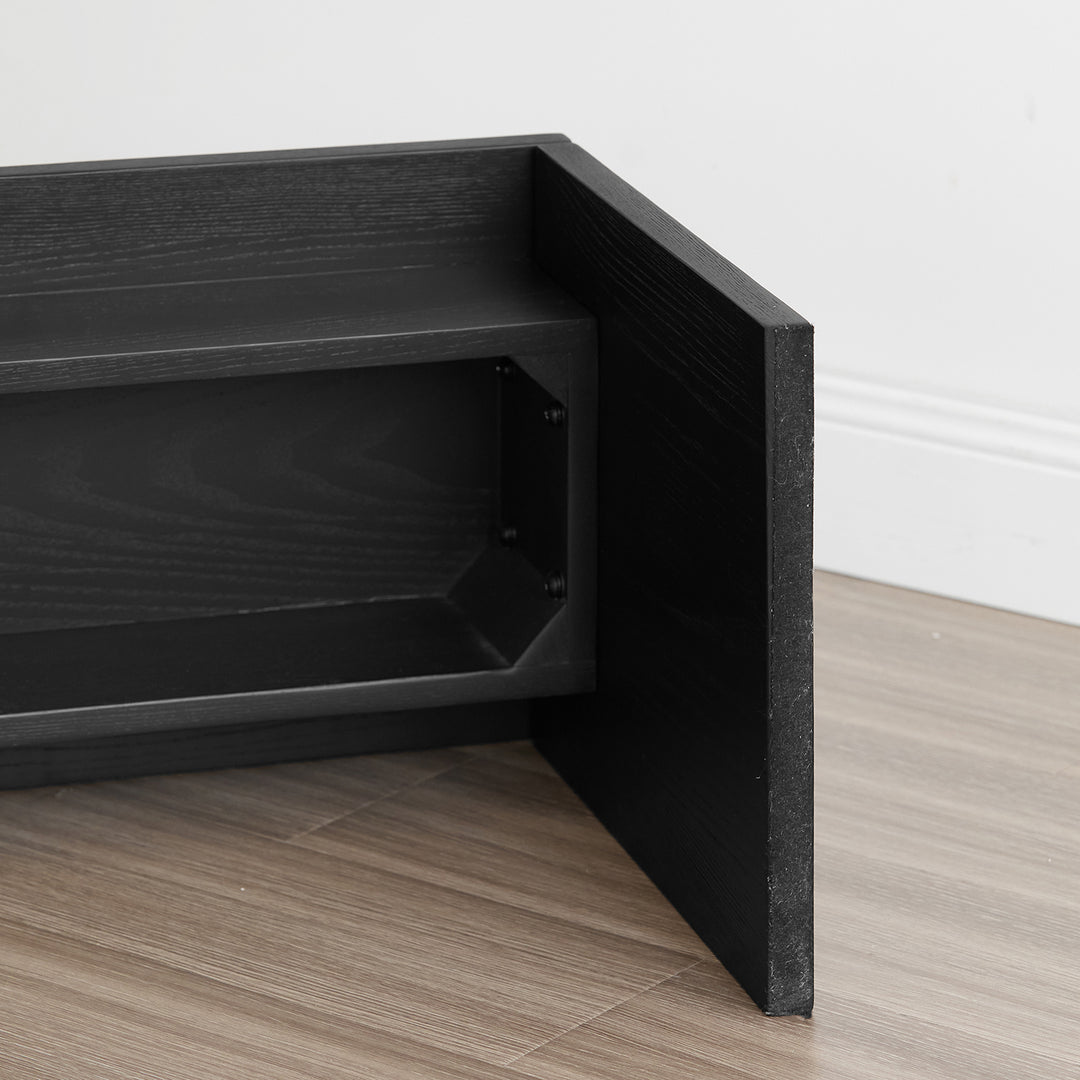 Minimalist ash wood dining bench black oslo in panoramic view.
