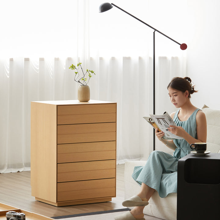 Minimalist ash wood veneer chest of 5 drawers moi primary product view.