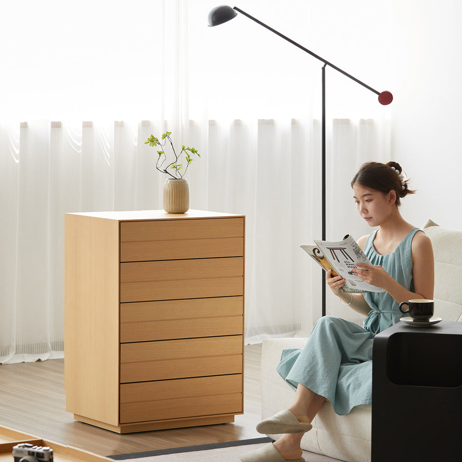 Minimalist ash wood veneer chest of 5 drawers moi primary product view.