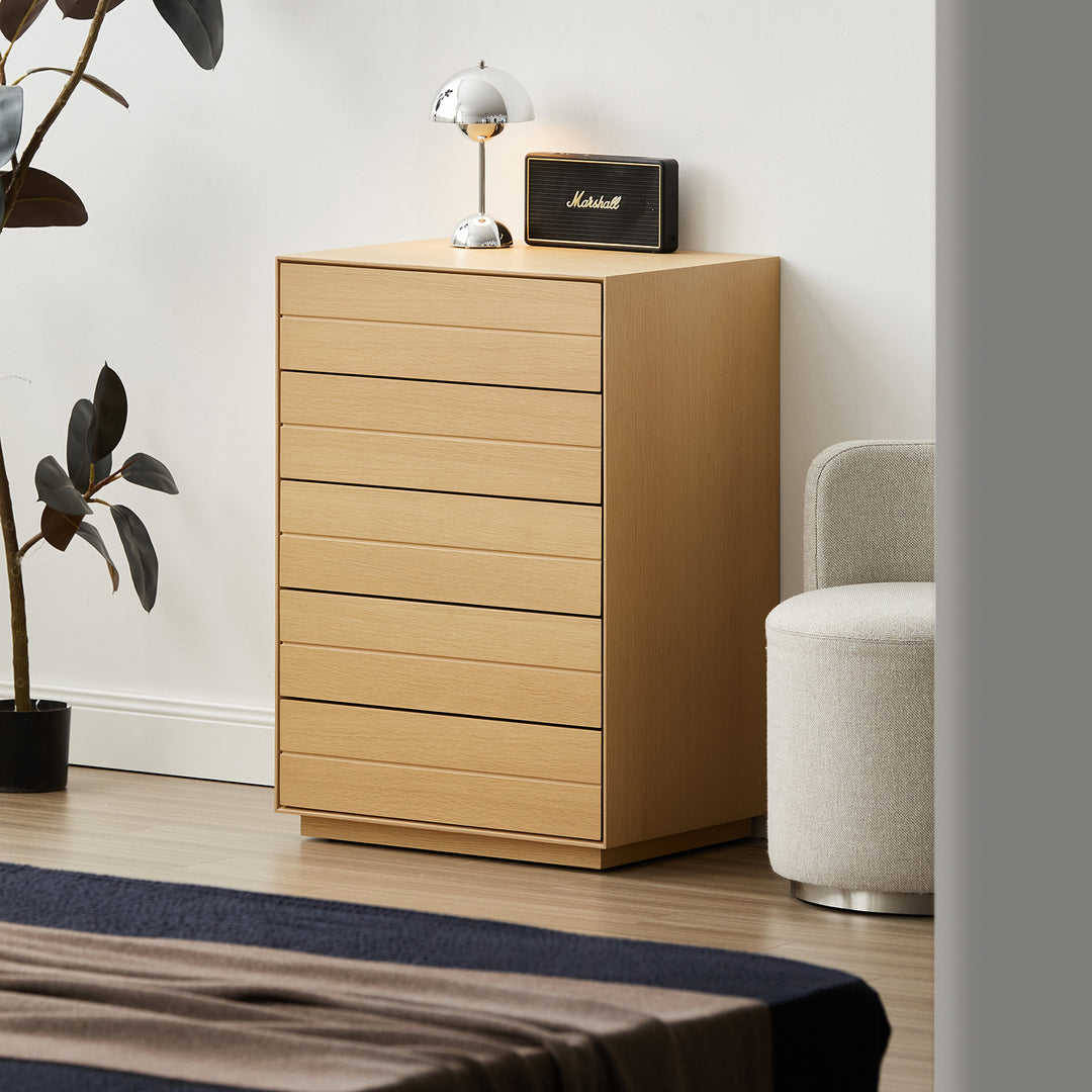 Minimalist ash wood veneer chest of 5 drawers moi color swatches.