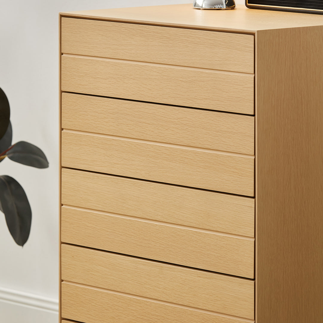 Minimalist ash wood veneer chest of 5 drawers moi material variants.