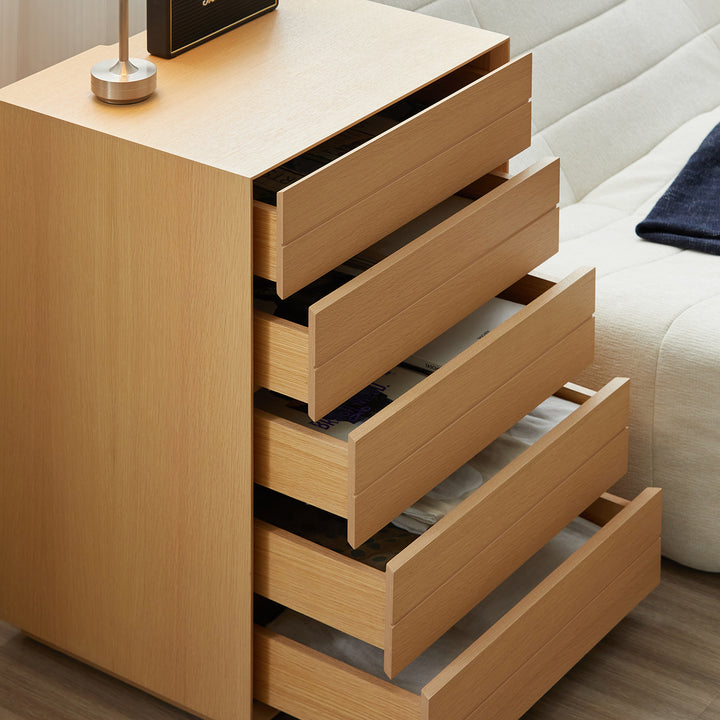 Minimalist ash wood veneer chest of 5 drawers moi with context.