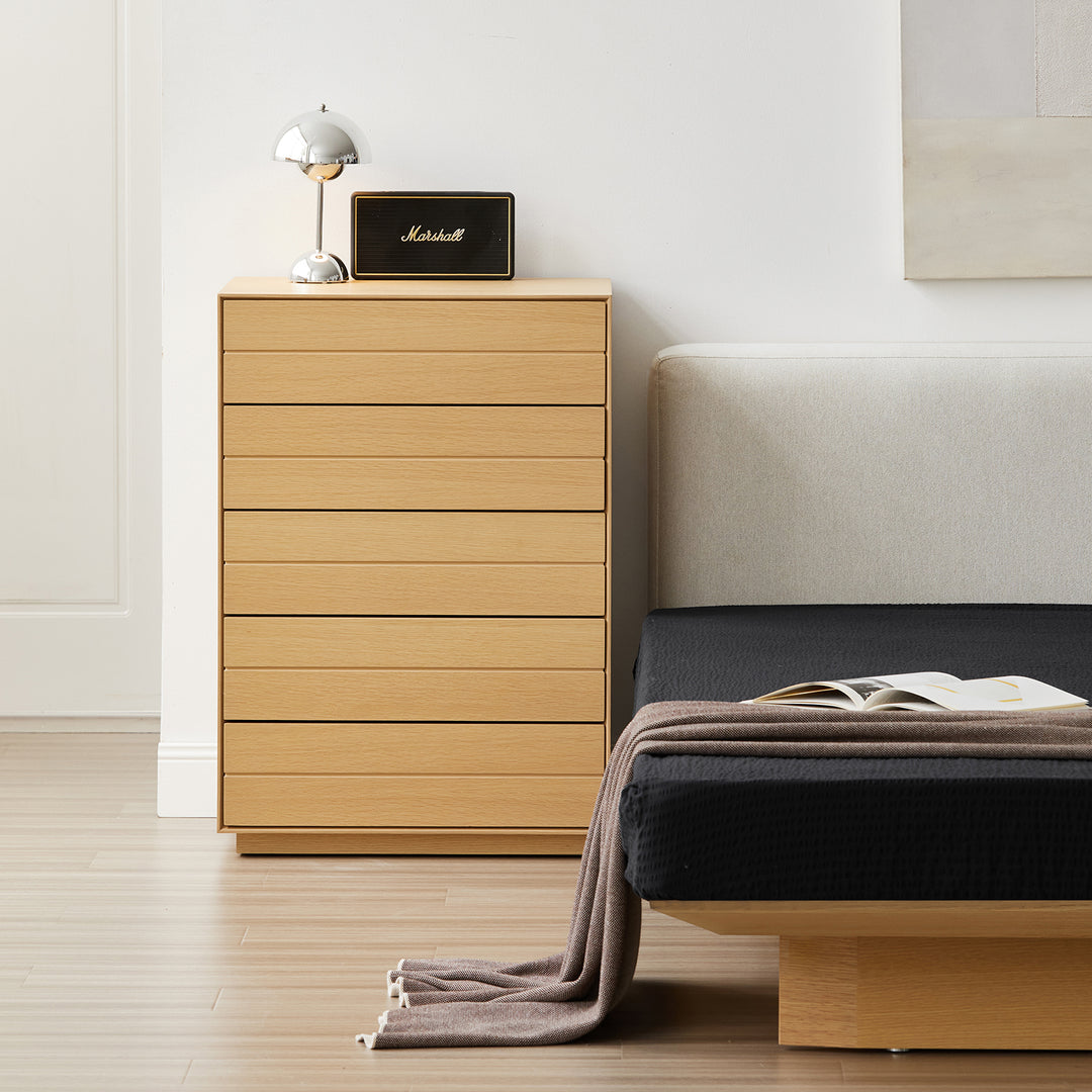 Minimalist ash wood veneer chest of 5 drawers moi in close up details.