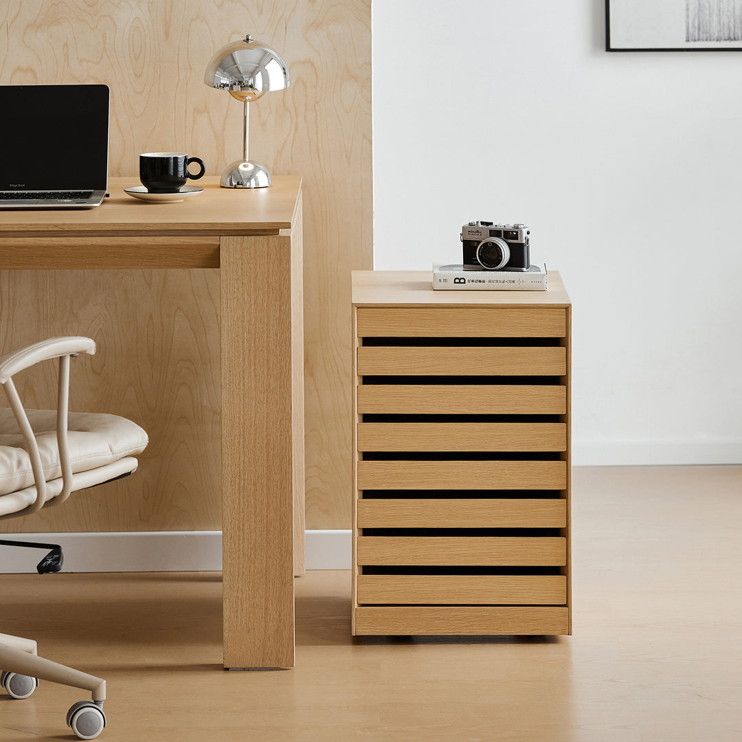 Minimalist ash wood veneer chest of 7 drawers lucy in panoramic view.