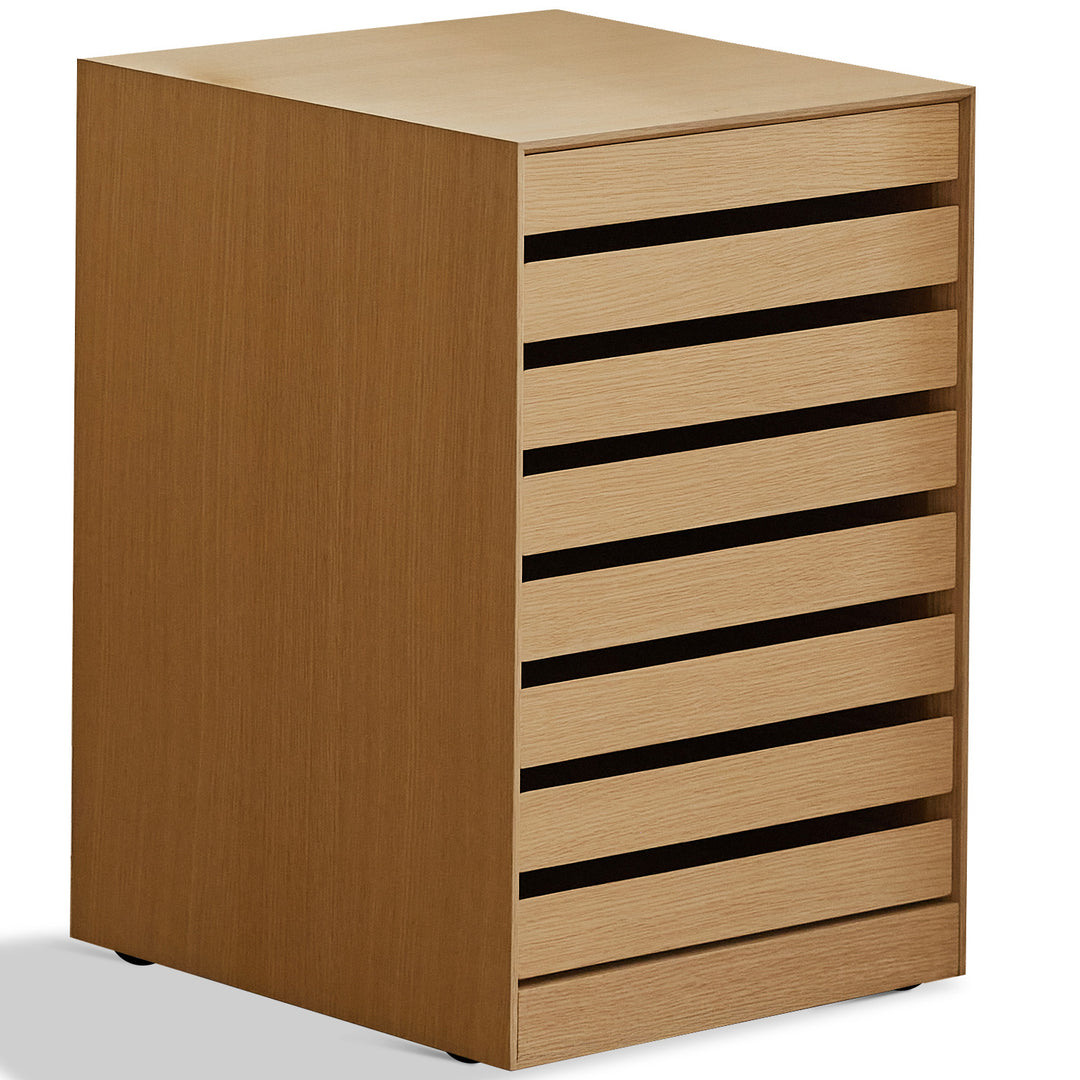 Minimalist ash wood veneer chest of 7 drawers lucy in white background.