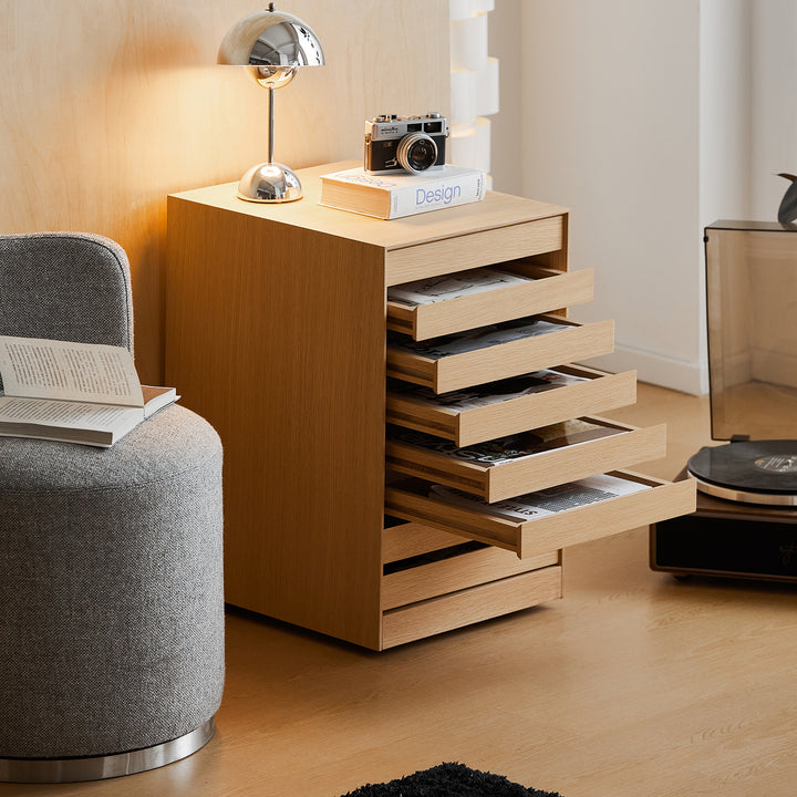 Minimalist ash wood veneer chest of 7 drawers lucy material variants.