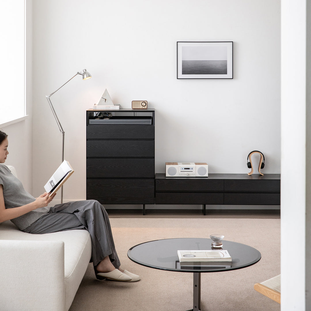 Minimalist ash wood veneer chest of 4  drawers grid size charts.