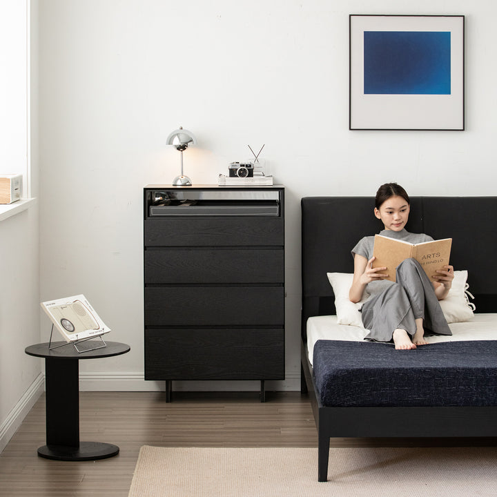 Minimalist ash wood veneer chest of 4  drawers grid material variants.