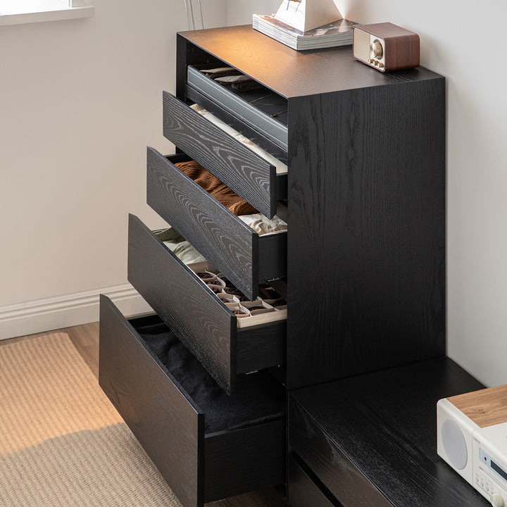 Minimalist ash wood veneer chest of 4  drawers grid in real life style.