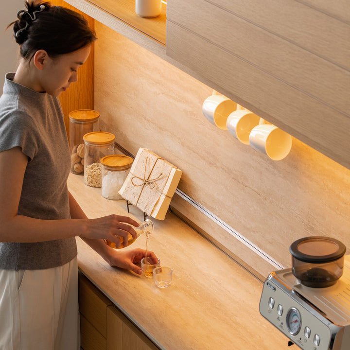 Minimalist ash wood veneer kitchen cabinet less layered structure.