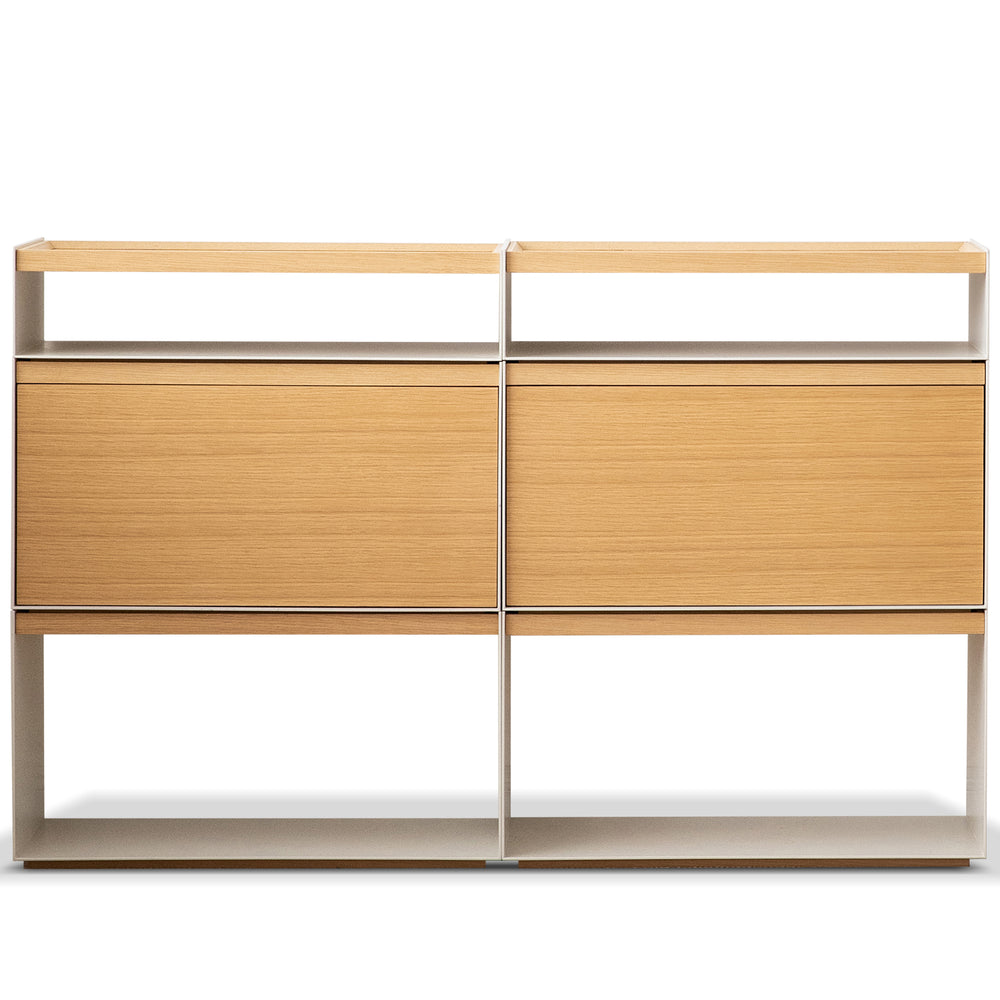 Minimalist ash wood veneer modular cabinet aesop in white background.