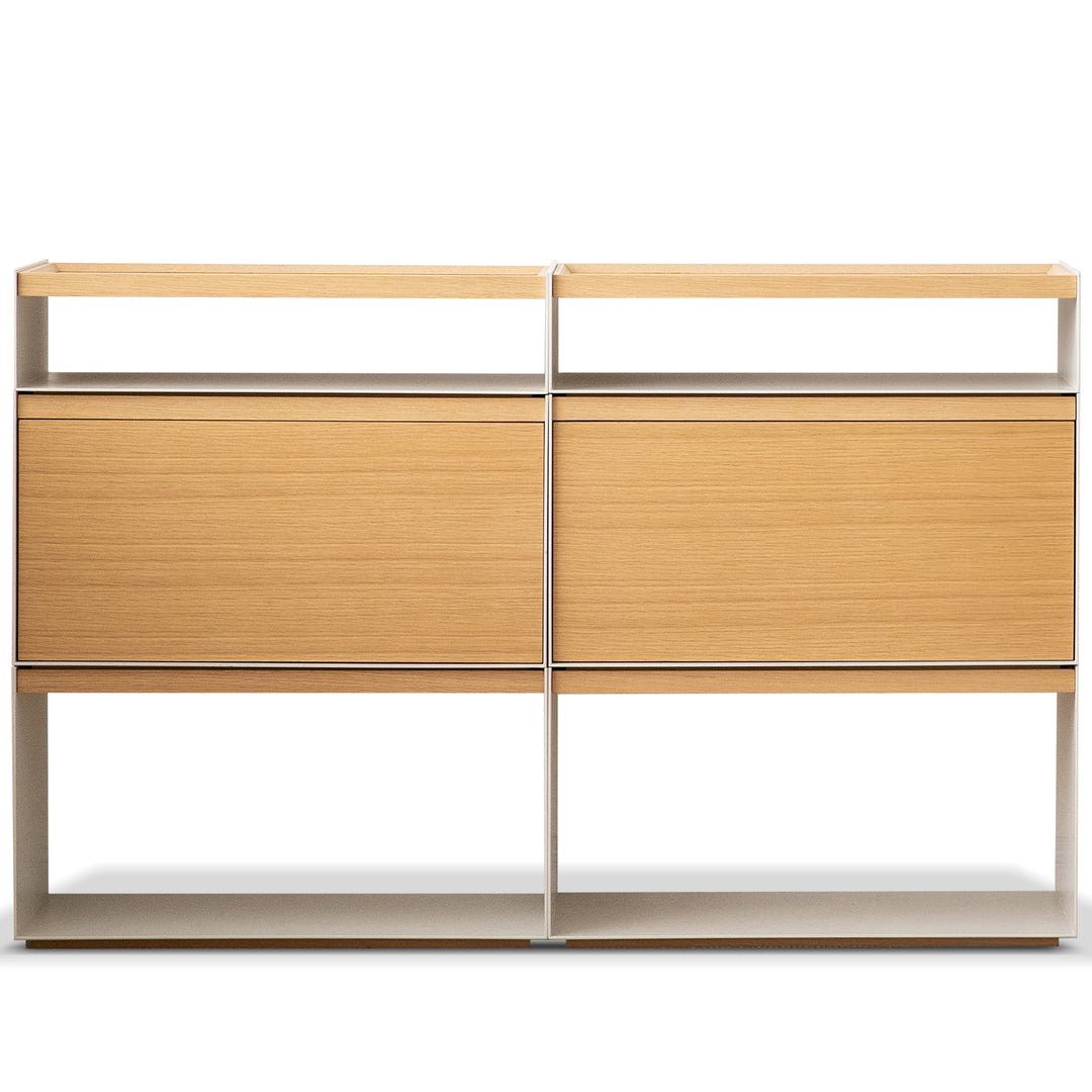 Minimalist ash wood veneer modular cabinet aesop in white background.