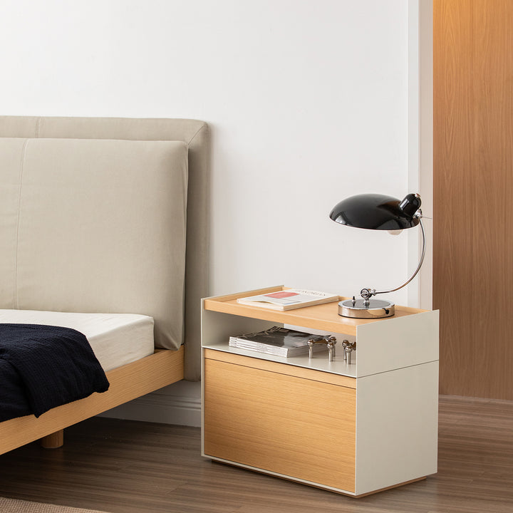 Minimalist ash wood veneer modular cabinet aesop in panoramic view.