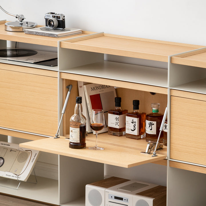 Minimalist ash wood veneer modular cabinet aesop in still life.