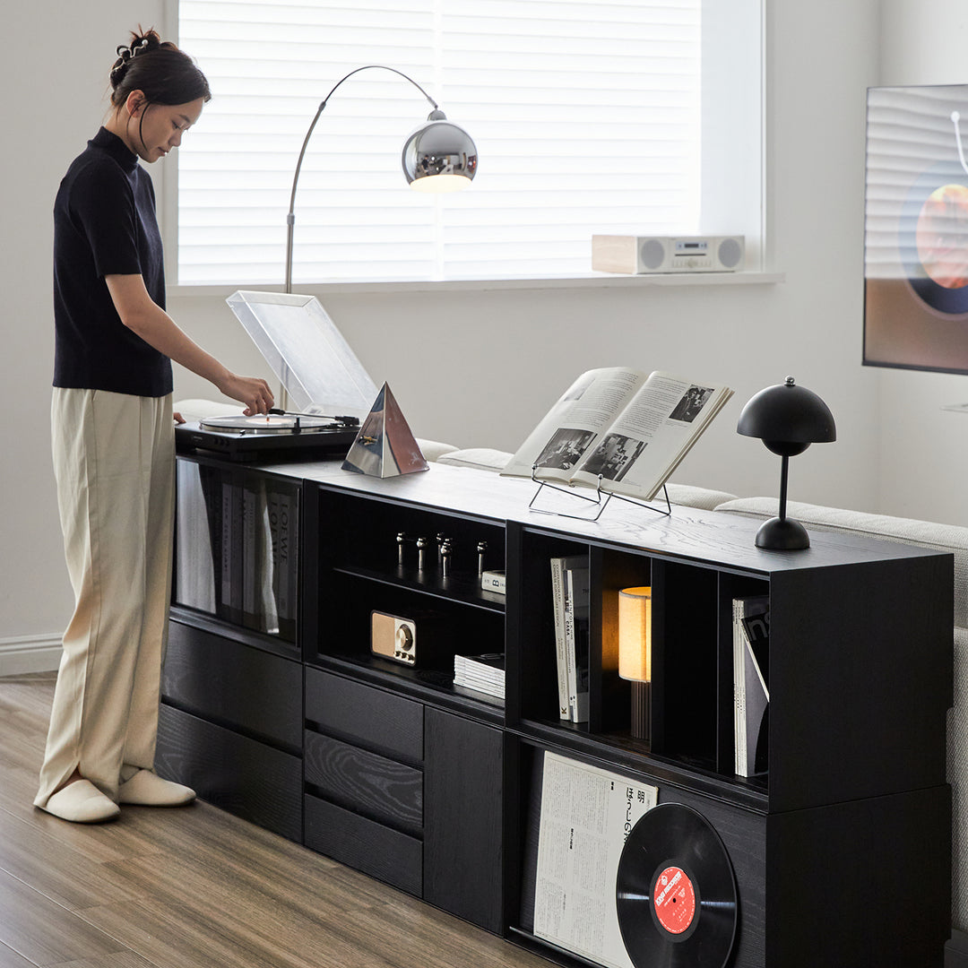 Minimalist ash wood veneer modular cabinet shadow layered structure.