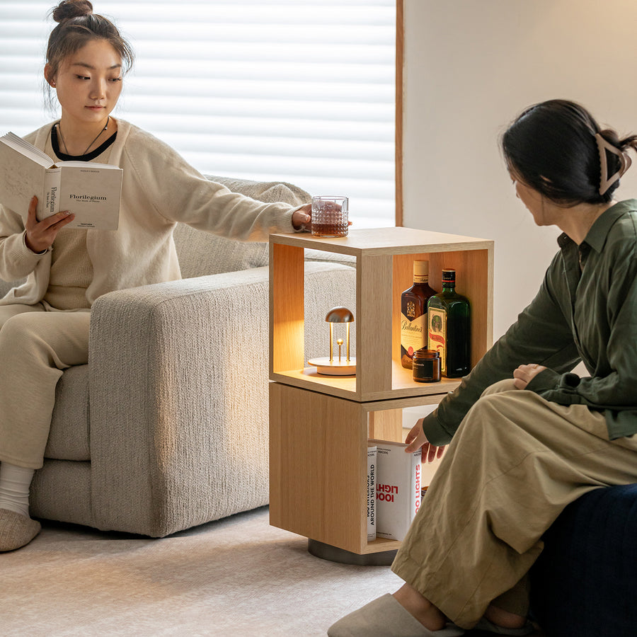 Minimalist ash wood veneer revolving side table axel primary product view.