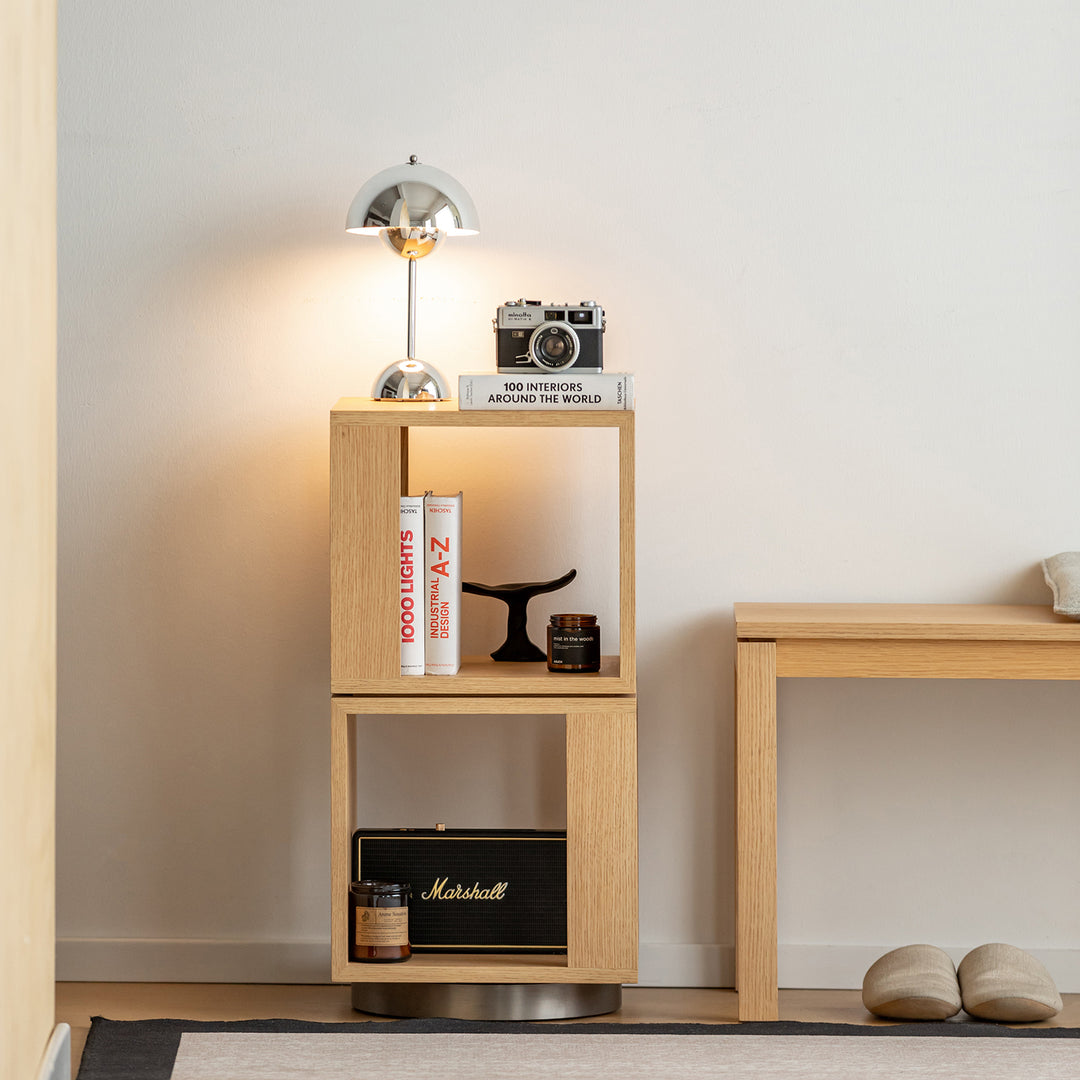 Minimalist ash wood veneer revolving side table axel in still life.