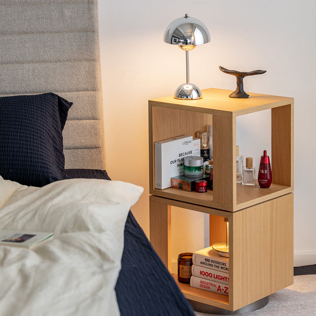 Minimalist ash wood veneer revolving side table axel in real life style.