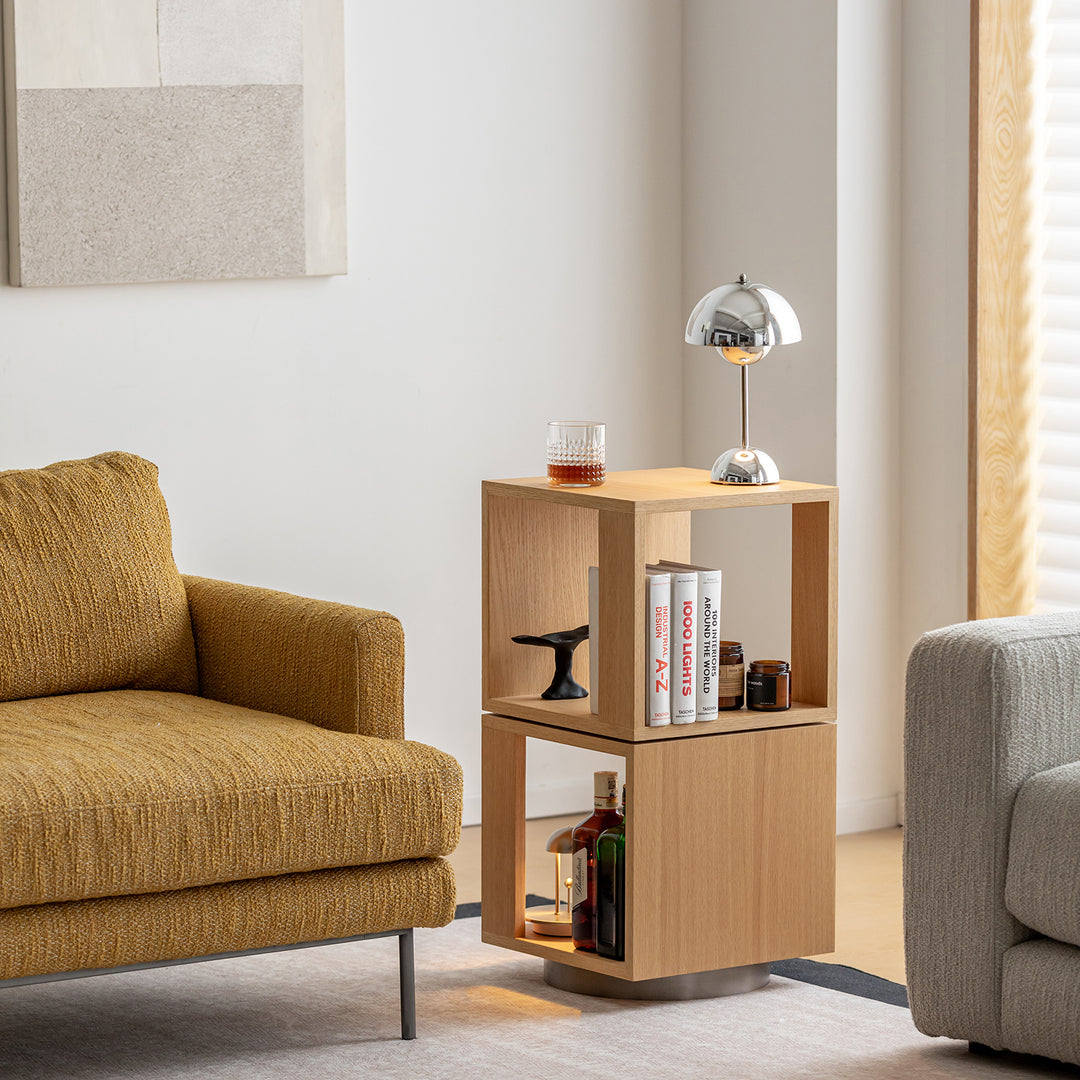 Minimalist ash wood veneer revolving side table axel with context.