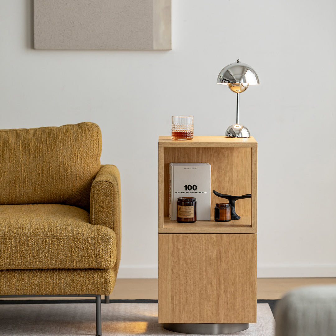 Minimalist ash wood veneer revolving side table axel in details.