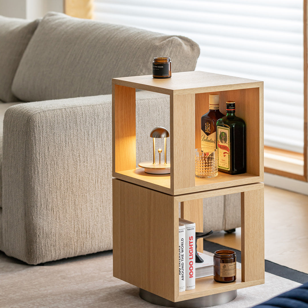 Minimalist ash wood veneer revolving side table axel in panoramic view.