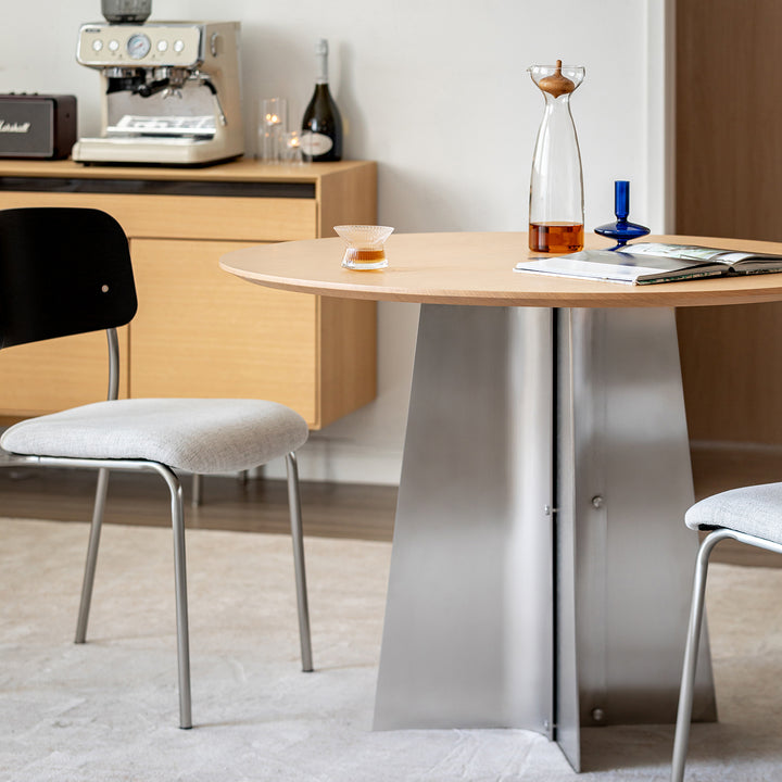 Minimalist ash wood veneer stainless steel round dining table aeri color swatches.