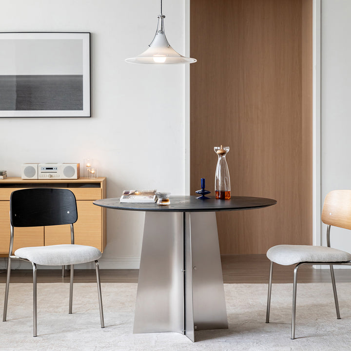 Minimalist ash wood veneer stainless steel round dining table black aeri color swatches.