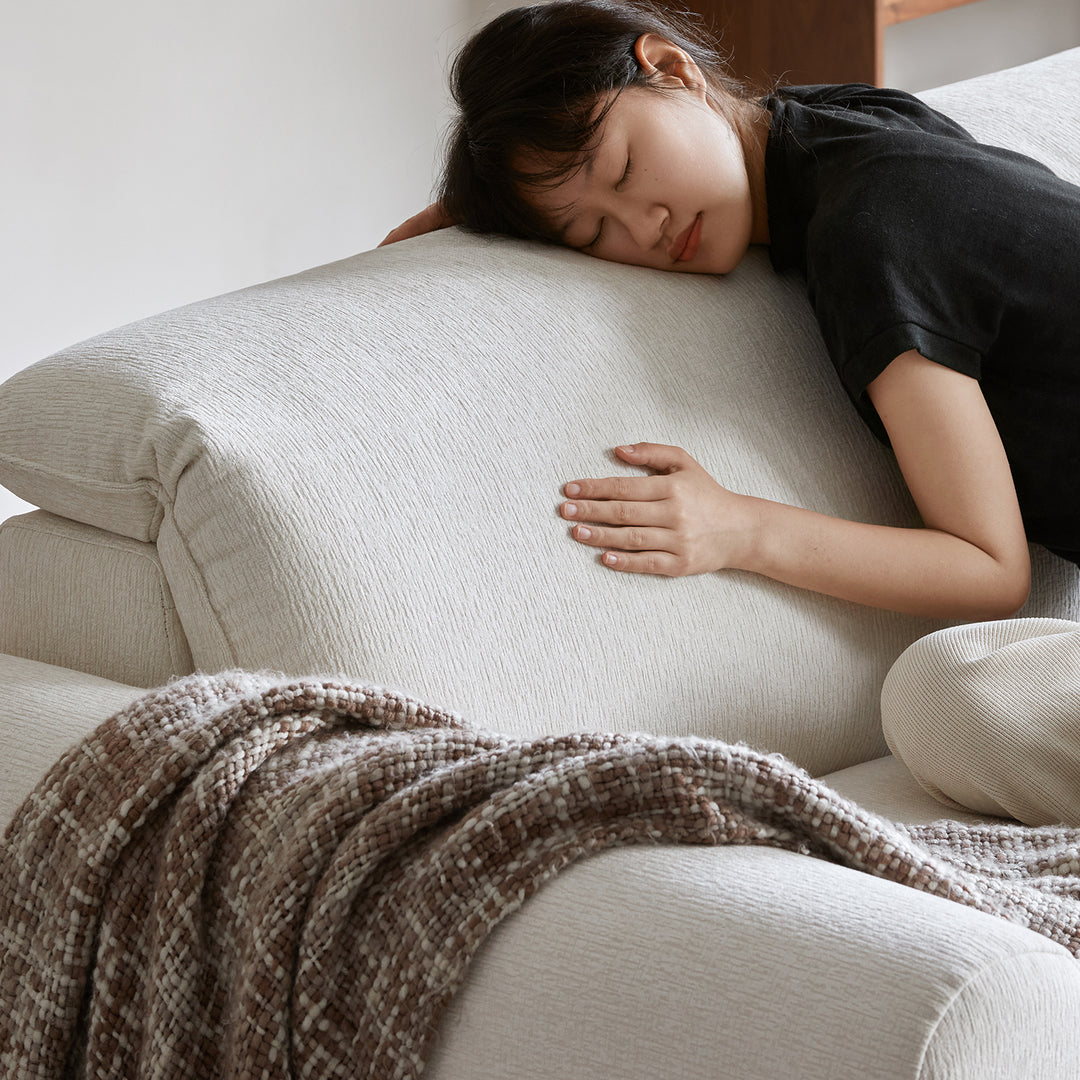 Minimalist chenille velvet fabric 3 seater sofa drift in panoramic view.